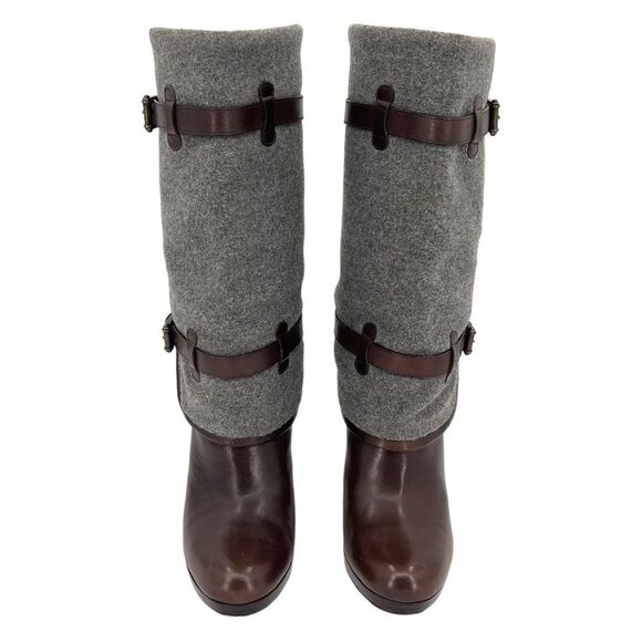 Cole Haan Air Kennedy Buckle Belted Dark Brown Leather Grey Felt Wool Boots 8.5 - Picture 3 of 15